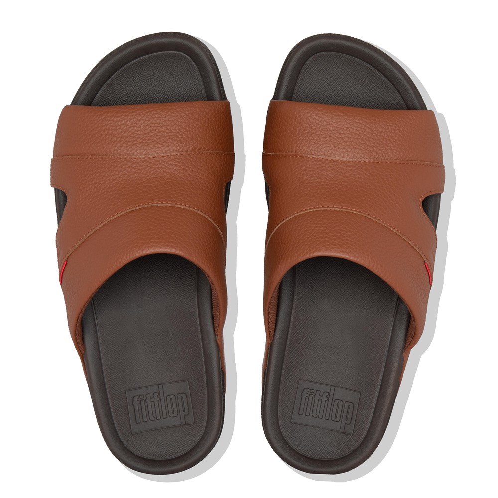 Fitflop Mens Slides - Freeway Leather Pool - Brown/Black - 652-ZJYLHU